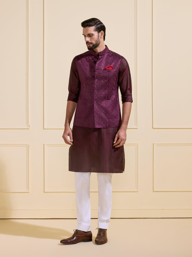THE DUSKY WINE FINESSE WAISTCOAT OF FESTIVE ELEGANCE