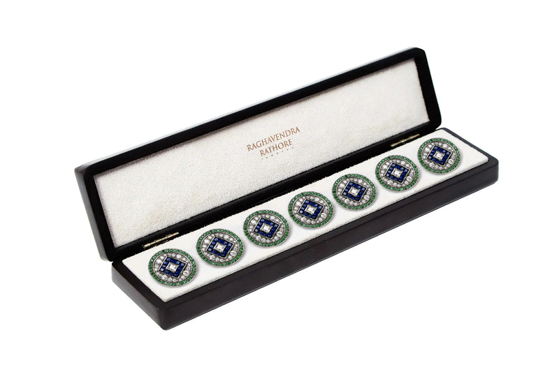 EMERALD & SAPPHIRE GEOMETRIC HALO JEWEL BUTTON