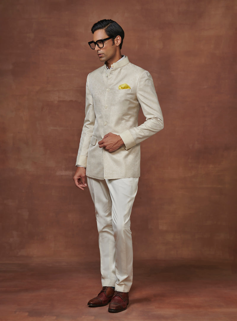 ELITE ELEGANCE THE WHITE JACQUARD BANDHGALA
