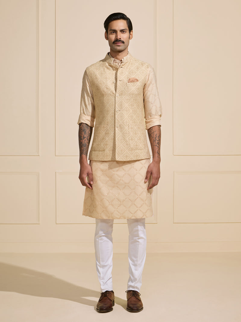 THE BEIGE PATTERNED SOPHISTICATION: WOVEN WAISTCOAT