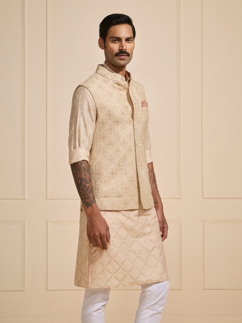 THE BEIGE PATTERNED SOPHISTICATION: WOVEN WAISTCOAT