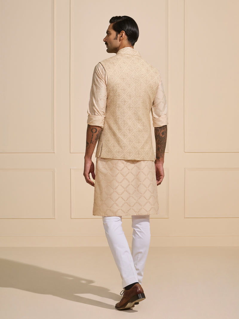 THE BEIGE PATTERNED SOPHISTICATION: WOVEN WAISTCOAT