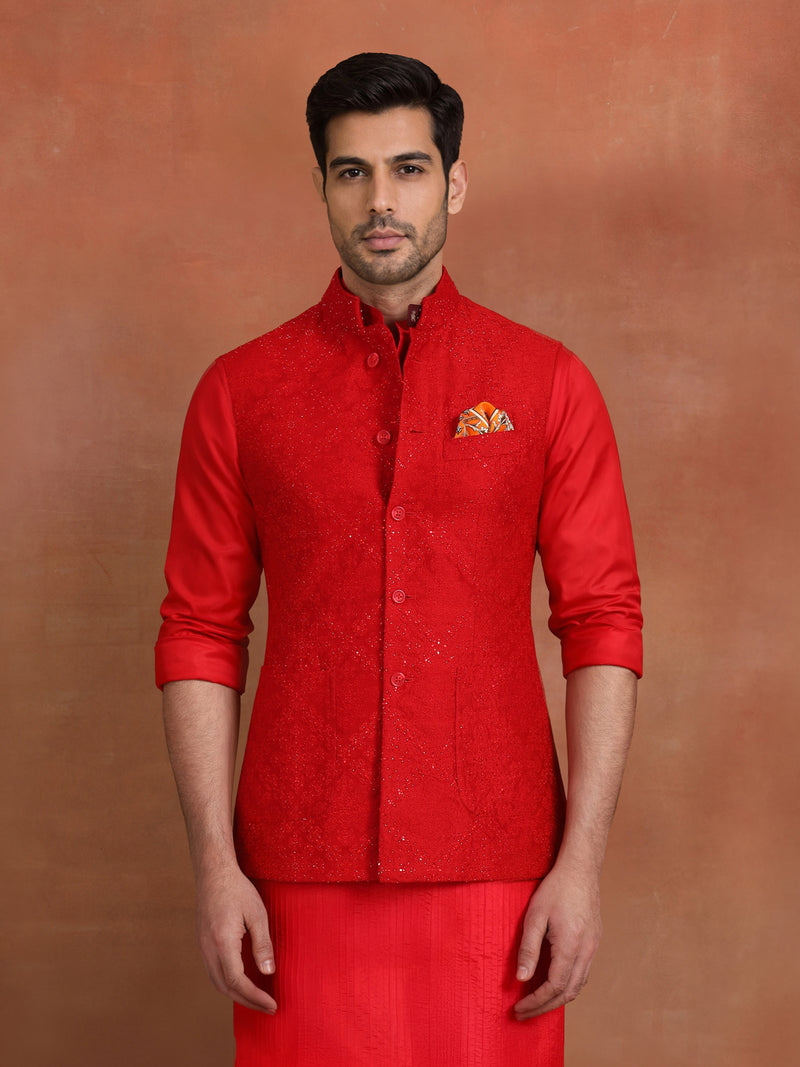 SCARLET SEQUIN EMBROIDERED WAISTCOAT