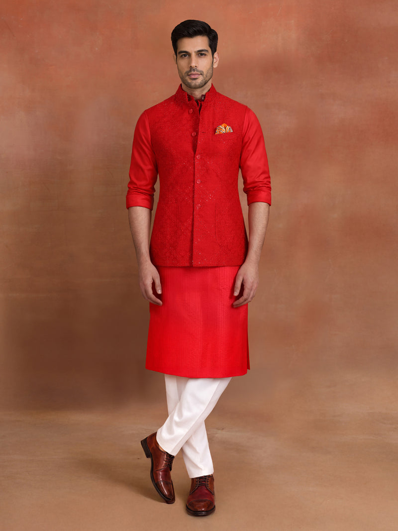 SCARLET SEQUIN EMBROIDERED WAISTCOAT