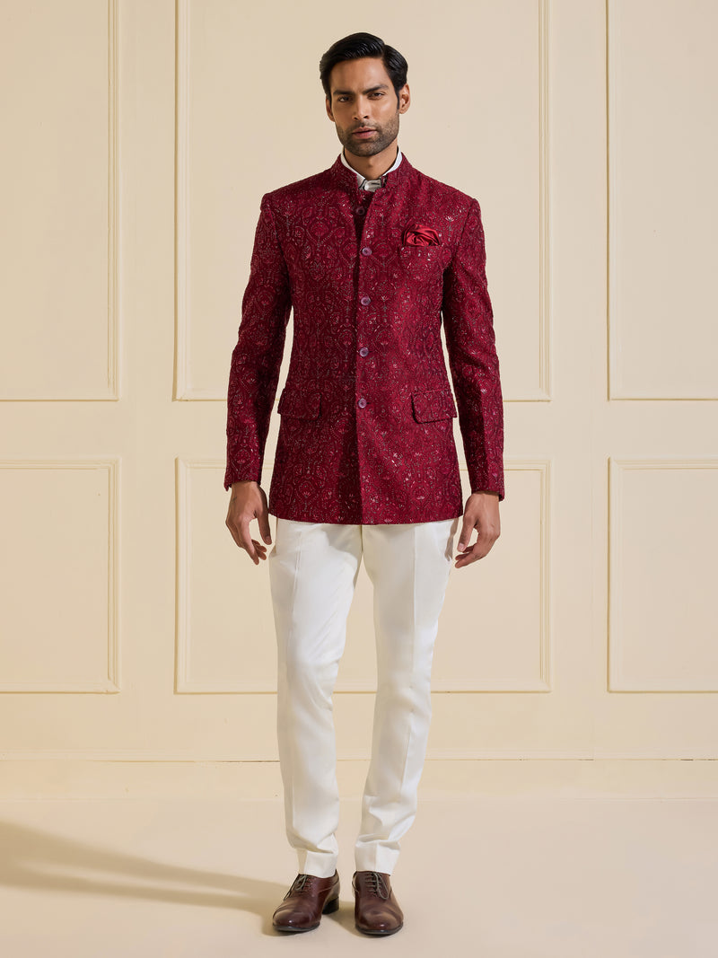 GARNET SPLENDOUR: THE SHIMMERING BANDHGALA JACKET