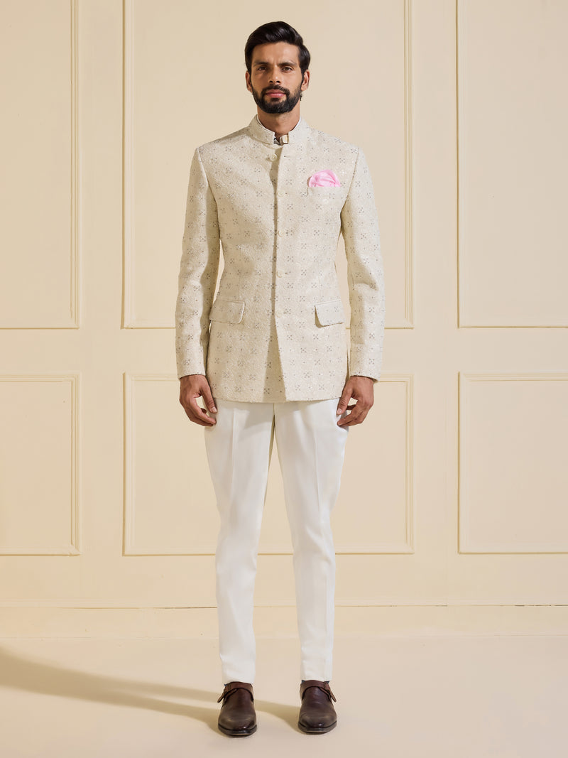 THE CELESTIAL MIRAGE WHITE TEXTURED BANDHGALA JACKET
