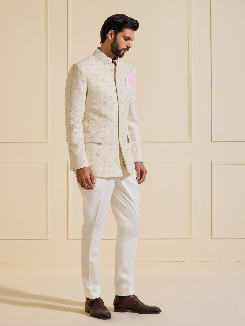 THE CELESTIAL MIRAGE WHITE TEXTURED BANDHGALA JACKET