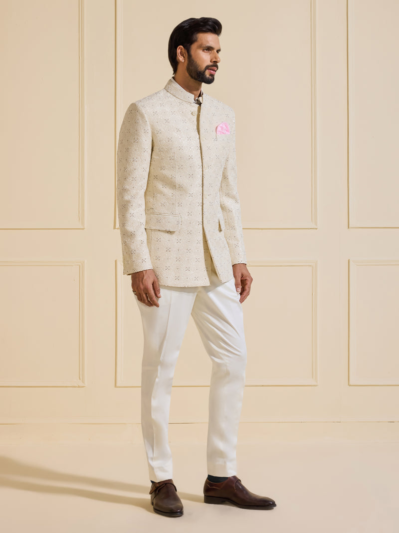 THE CELESTIAL MIRAGE WHITE TEXTURED BANDHGALA JACKET