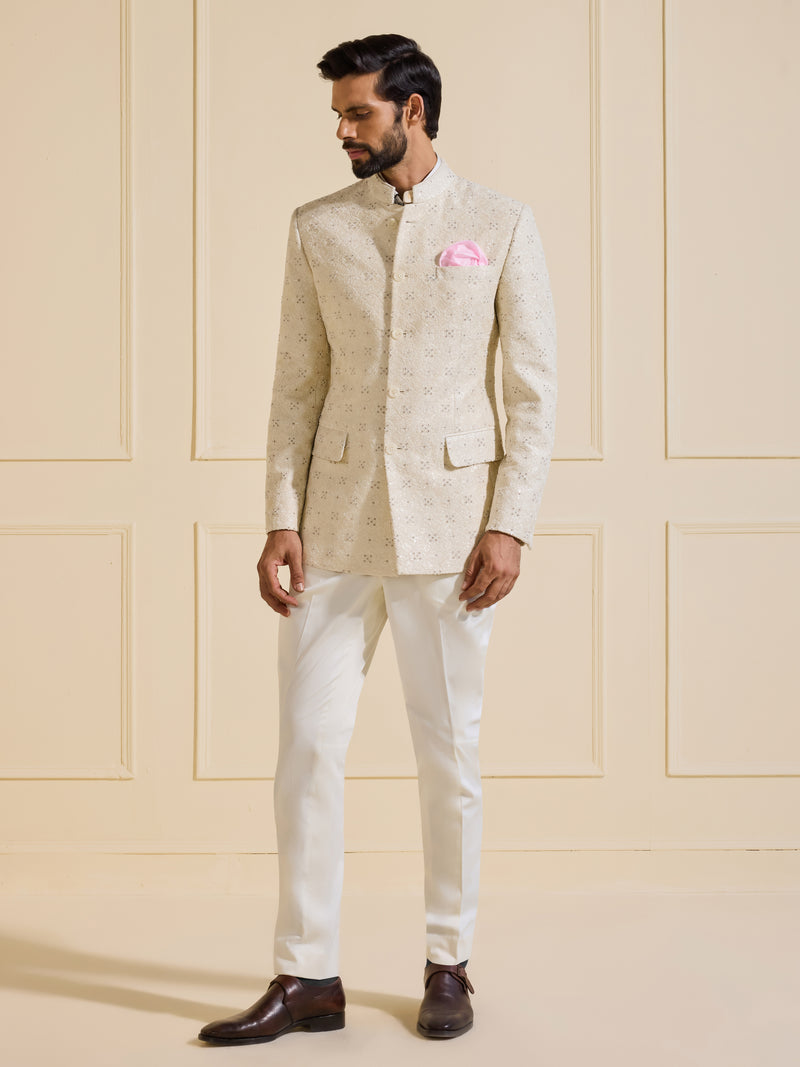 THE CELESTIAL MIRAGE WHITE TEXTURED BANDHGALA JACKET