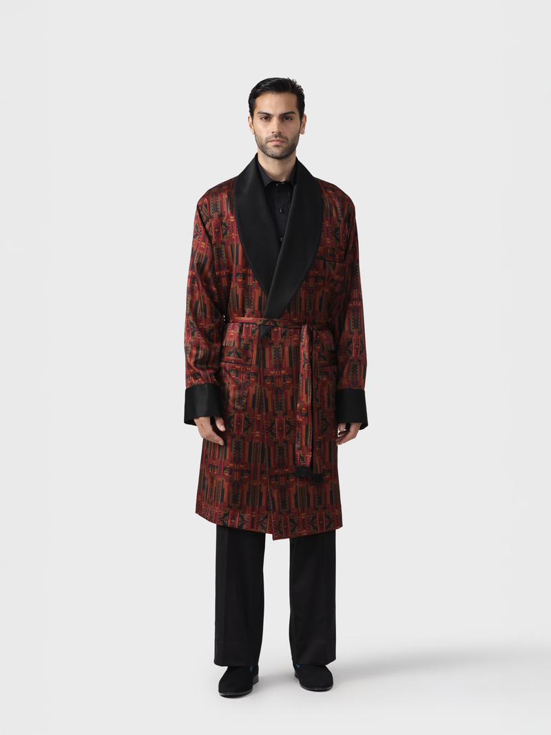 HERITAGE PRINT SILK ROBE WITH CONTRAST LAPEL