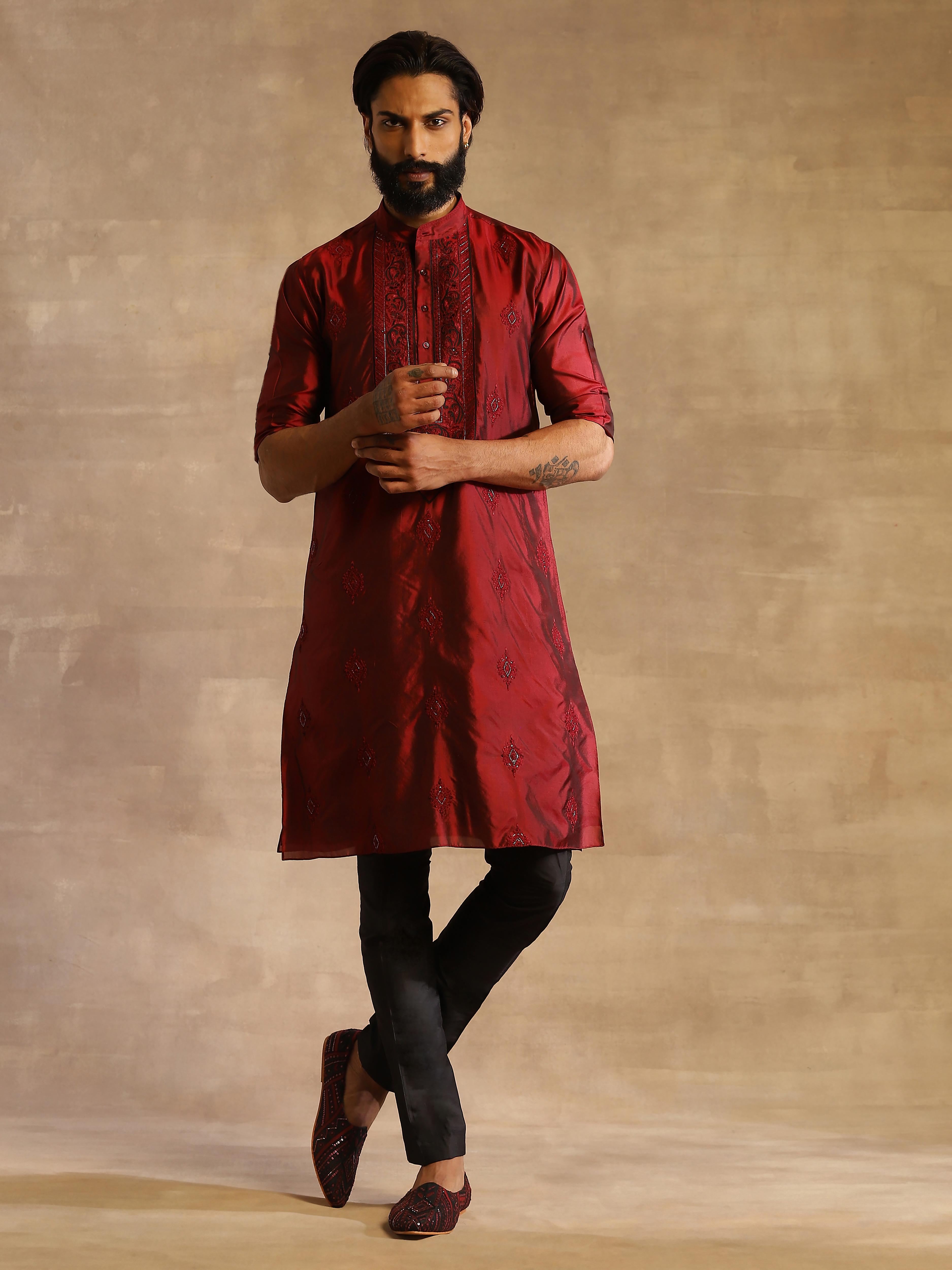 Indian Men Patchwork Kurta Casual Shirt Loose Fit Handkerchief Cotton Tunic  Red | eBay
