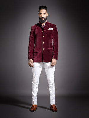 MAROON COTTON VELVET BANDHGALA JACKET