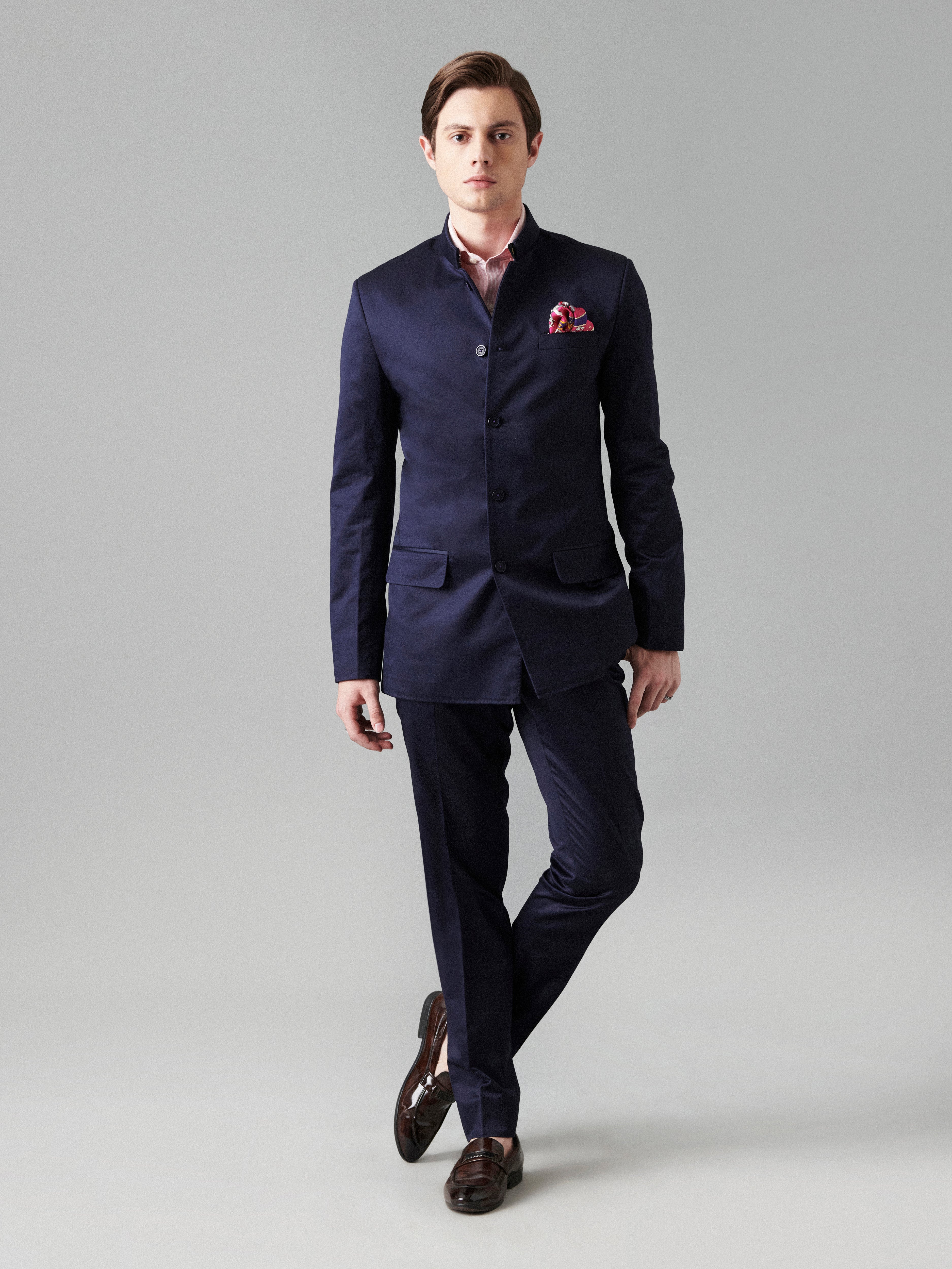 Buy MANQ Men Navy Blue Solid Slim Fit Bandhgala Suit (Size:36) at Amazon.in