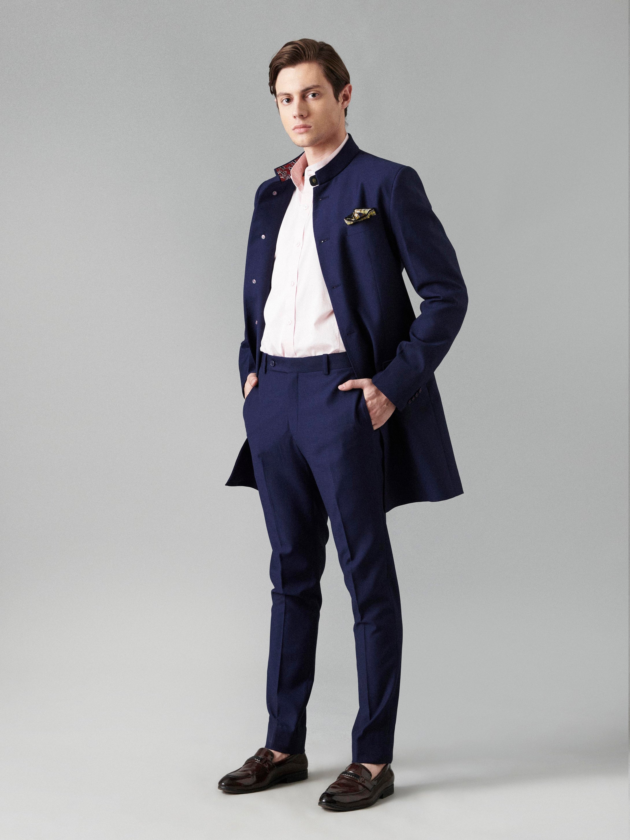 BLUE SUITING LONG BANDHGALA SUIT - Main Image
