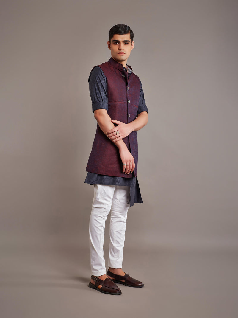 MAROON LINEN SILK LONG WAISTCOAT