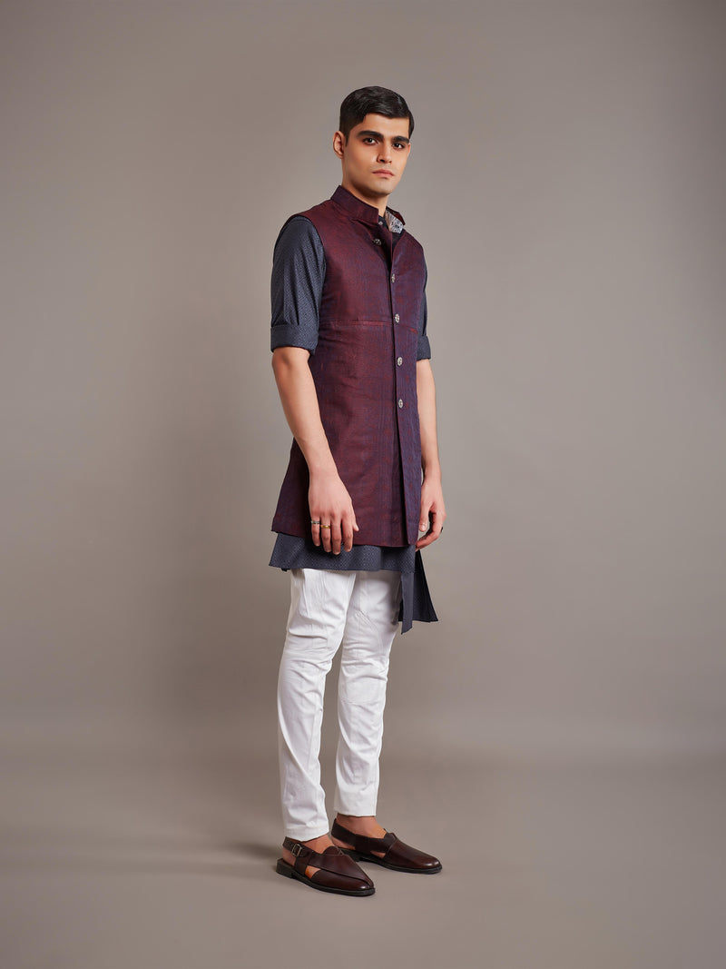 MAROON LINEN SILK LONG WAISTCOAT