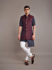 MAROON LINEN SILK LONG WAISTCOAT