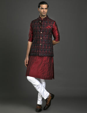 BLACK & MAROON EMBROIDERED WAISTCOAT